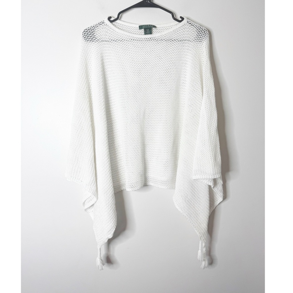 Ralph Lauren White Open-Knit Tassel Poncho